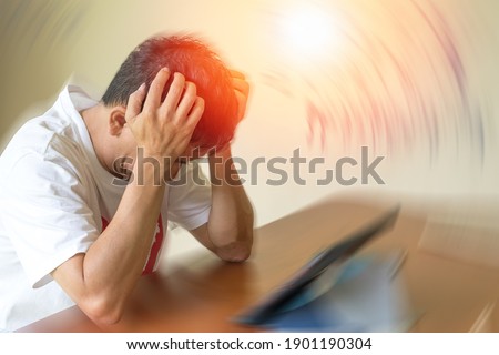 Brain diseases problem cause chronic severe headache migraine. Male adult look tired and stressed out depressed, having mental problem trouble, medical concept