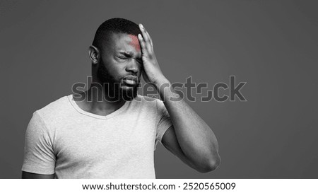 Brain diseases problem cause chronic severe headache. Young black man tired and stressed, having mental problem trouble, medical concept