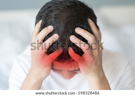 Brain diseases problem cause  chronic severe headache migraine. Male adult look tired and stressed out depressed, having mental problem trouble, medical concept
