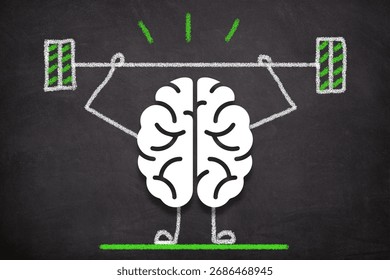 Brain exercise. Human brain lifting weights. Cognitive development concept.	