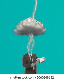 Brain explosion. Burnout at work. Contemporary art collage. Inspiration, idea, aspiration and fantasy, dreams. Male body with cloud instead head. Concept of mental health, inner world and emotions