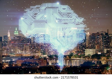 Brain Hologram Drawing On City Scape Background Double Exposure. Brainstorming Concept.