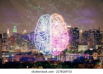 Brain Hologram Drawing On City Scape Background Double Exposure. Brainstorming Concept.