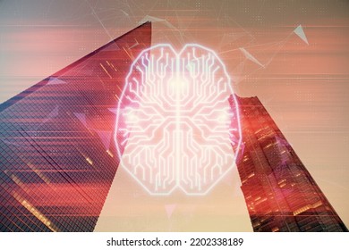 Brain Hologram Drawing On City Scape Background Double Exposure. Brainstorming Concept.