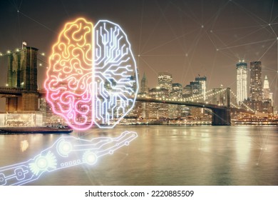 Brain Hologram Drawing On City Scape Background Double Exposure. Brainstorming Concept.