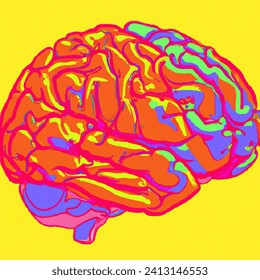 Brain illustrated in vibrant shades of prominent purple, pink, red, blue, orange, and yellow, presented in the style of vector line art for a captivating visual presentation.
