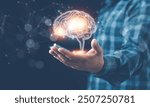 Brain inside the hands of the businessman. Human head and brain.Deep learning , Machine learning and artificial intelligence , AI Technology, thinking concept.The concept of the business idea.