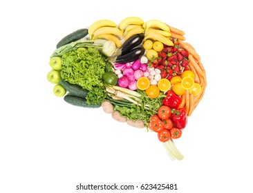 Brain made out of fruits and vegetables isolated on white background