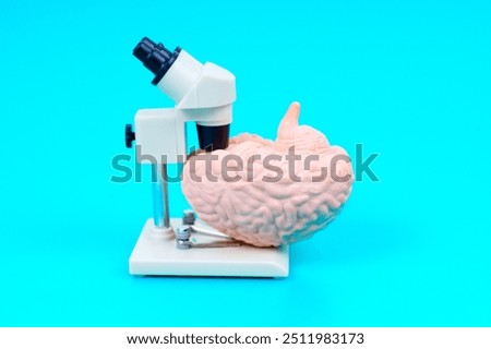 Brain model positioned under microscope on a bright blue background, illustrating anatomical studies and scientific education concepts.