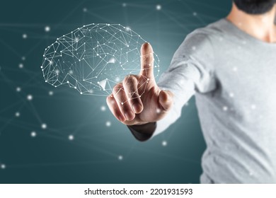Brain from the network on a virtual screen. Man tapping on the screen