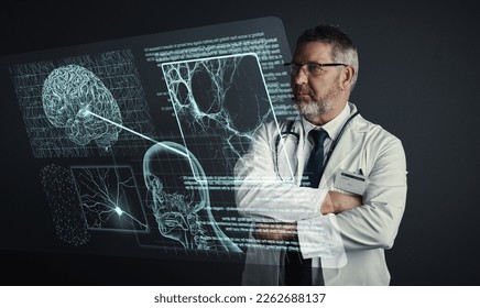 Brain, neurology or doctor with 3d holographic scan of human anatomy research in hospital clinic. Data analysis, man or medical healthcare worker thinking of innovation to help science development