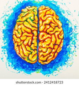 Brain, overhead view, colorful, vibrant, overhead perspective, isolated, watercolor, on a poster