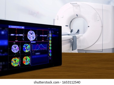 Brain Perfusion Or CT Scan Of Blood Flow In The Brain 3d Rendering Image On The Screen With CT Scan Room.