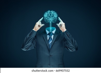Brain with printed circuit board (PCB) design and businessman representing artificial intelligence (AI).