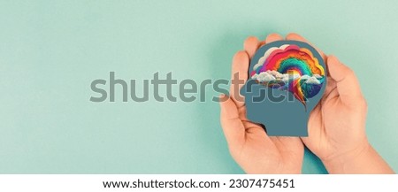 Brain with rainbow cloud, creativity explosion of ideas, positive thinking mind, self identidy and wave of imagination