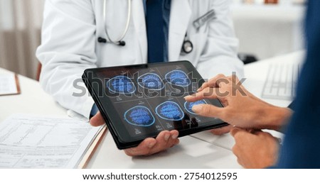 Brain scan, hands and tablet screen with people in hospital for radiology or results review. Consulting, healthcare and medical with doctor speaking to patient for discussion of digital MRI image