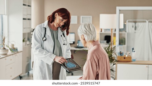 Brain, scan and old woman with doctor, tablet and consultation for healthcare advice in office. Neurology, elderly patient and medical professional with MRI results on digital app for Alzheimer exam - Powered by Shutterstock