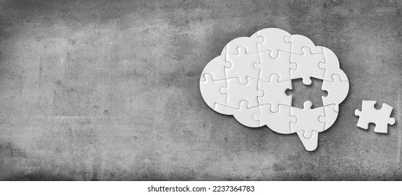 Brain shaped white jigsaw puzzle on concrete wall background, a missing piece of the brain puzzle, mental health and problems with memory - Shutterstock ID 2237364783