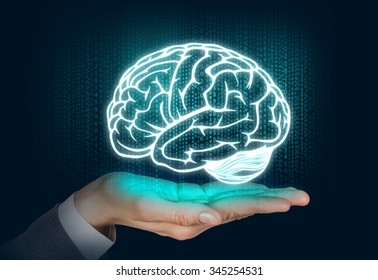 Brain silhouette float on the hand over digital background