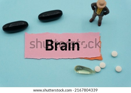Brain.The word is written on a slip of colored paper. health terms, health care words, medical terminology. wellness Buzzwords. disease acronyms.