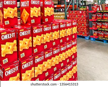 BRAINERD, MN - 30 MAR 2019: Boxes Of Cheez It Cheese Snacks On Pallet For Sale At A Warehouse Retail Store.