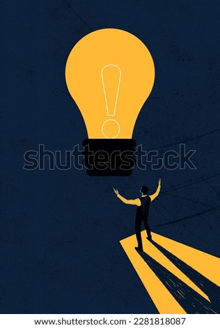 Brainstorm. Businessman in front of a wall with light bulb looking for a great idea. Contemporary art collage. Concept of business, innovations, thoughts, plan, proposal, point of view