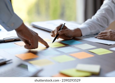 in brainstorm meeting the marketing team is selecting ideas sticky note that are suitable for the purpose of generating sales and benefits in planning for the future.