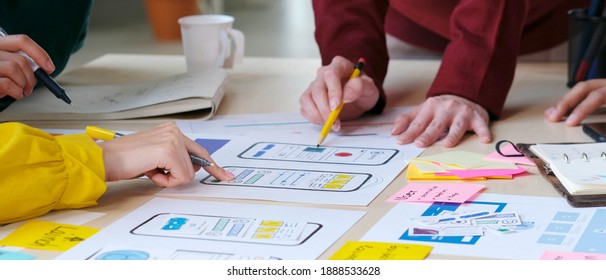 Brainstorm planing creative teamwork,  Close up of hands mobile phone app developer team meeting about screen display prototype layout for smartphone, ui, ux concept - Shutterstock ID 1888533628