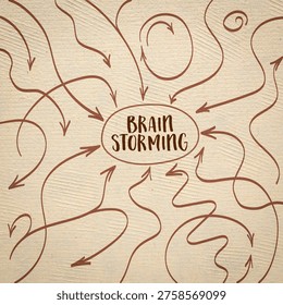brainstorming concept with arrows representing thoughts, ideas, inputs and feedbacks, sketch on art paper