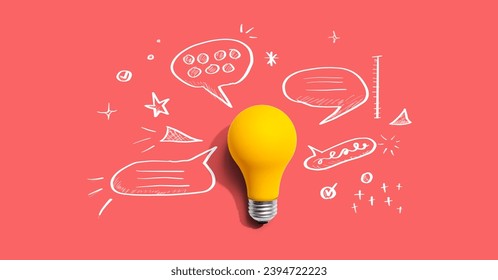 Brainstorming concept with a light bulb and speech bubbles - Flat lay - Shutterstock ID 2394722223