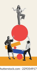Brainstorming. Group of employees generating creative and innovative ideas for company development. Contemporary art. Concept of office, business, career, success. Creative design. Vertical layout
