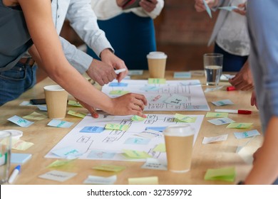 Brainstorming session with post it notes on desk - Shutterstock ID 327359792