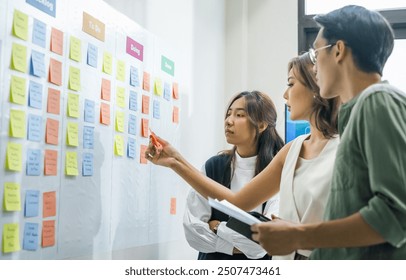 brainstorming session, using sticky notes on a task board (kanban) to organize ideas and workflow in a modern office - Powered by Shutterstock