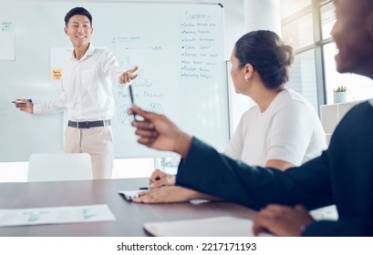 Brainstorming, Team And Business People, Meeting And Planning Business Strategy, Whiteboard And Collaboration In Conference Room. Teamwork, Diversity And Corporate Project Plan, Idea And Innovation.