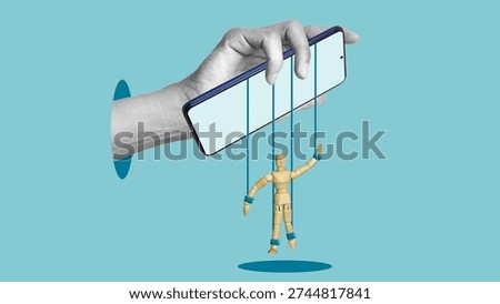 Brainwashing and digital addiction concept, Smartphone controlling human behavior like puppet, social media manipulation, technology influence and psychological control