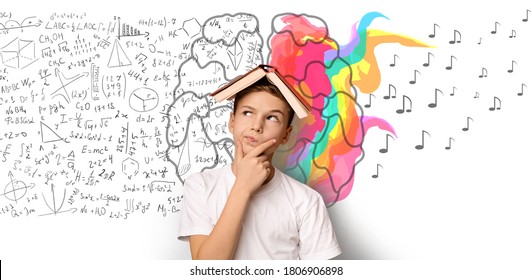 Brainwork Concept. School Boy Thinking Holding Book On Head Standing Over White Background With Brain Halves. Collage, Panorama - Powered by Shutterstock