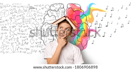 Brainwork Concept. School Boy Thinking Holding Book On Head Standing Over White Background With Brain Halves. Collage, Panorama