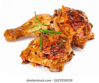 Muslos de pollo estofados con hierbas sobre fondo blanco con profundidad completa de campo para el concepto casero o gourmet