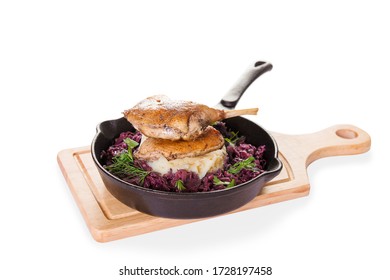 Braised Confit Duck Leg, Braised Red Cabbage, Mashed Potato In Steel Fry Pan Isolated Background