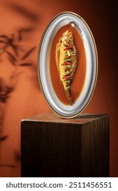 Braised fish and tableware arranged vertically, creative shot of food, indoor