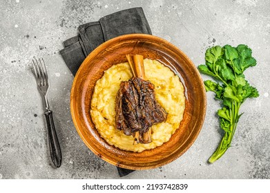 Braised Lamb Shank On The Mashed Potato Food In A Plate Top View