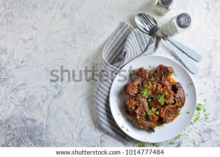 Braised mutton in a plate, top view, meat stag, light gray textured background, copy space
