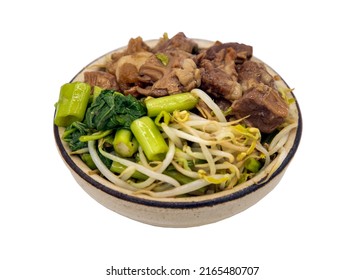 Braised pork (Stewed pork) with morning glory and bean sprouts with chines herbs in white bowl isolated on white background with clipping path. Selective focus.