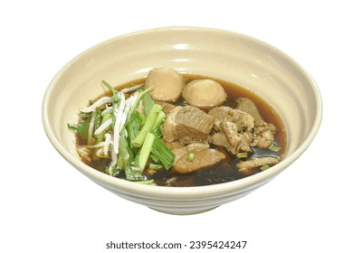 braised pork tendon and meatball with bean sprout in brown soup on bowl  - Shutterstock ID 2395424247