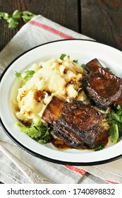 Braised Short Ribs With Mashed Potatoes. Instant Pot Meat . Copy Space