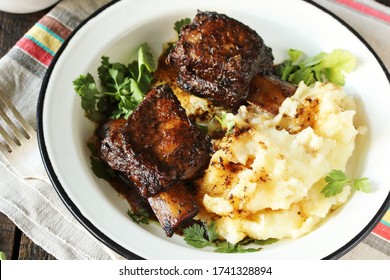 Braised Short Ribs With Mashed Potatoes. Instant Pot Meat . Copy Space