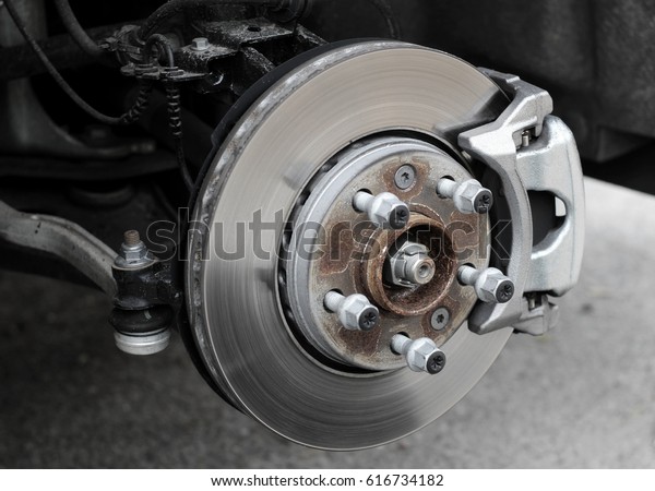 Brake\
disc and used brake pads on old car stock\
photo