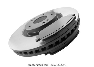 Brake discs and brake pads isolated on white background. Auto parts. Brake disc rotor isolated on white. Braking disk. Car part. Quality spare parts for car service or maintenance