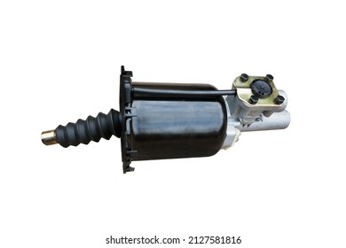 Brake Master Cylinder, Pneumatic Hydraulic Booster Car Brake, Truck Brake System Detail Isolated On White Background.