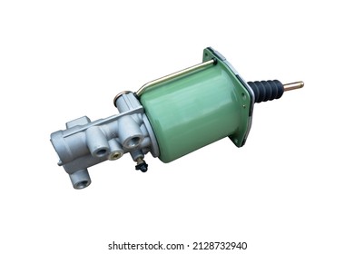 Brake Master Cylinder, Pneumatic Hydraulic Booster Car Brake, Truck Brake System Detail Isolated On White Background.